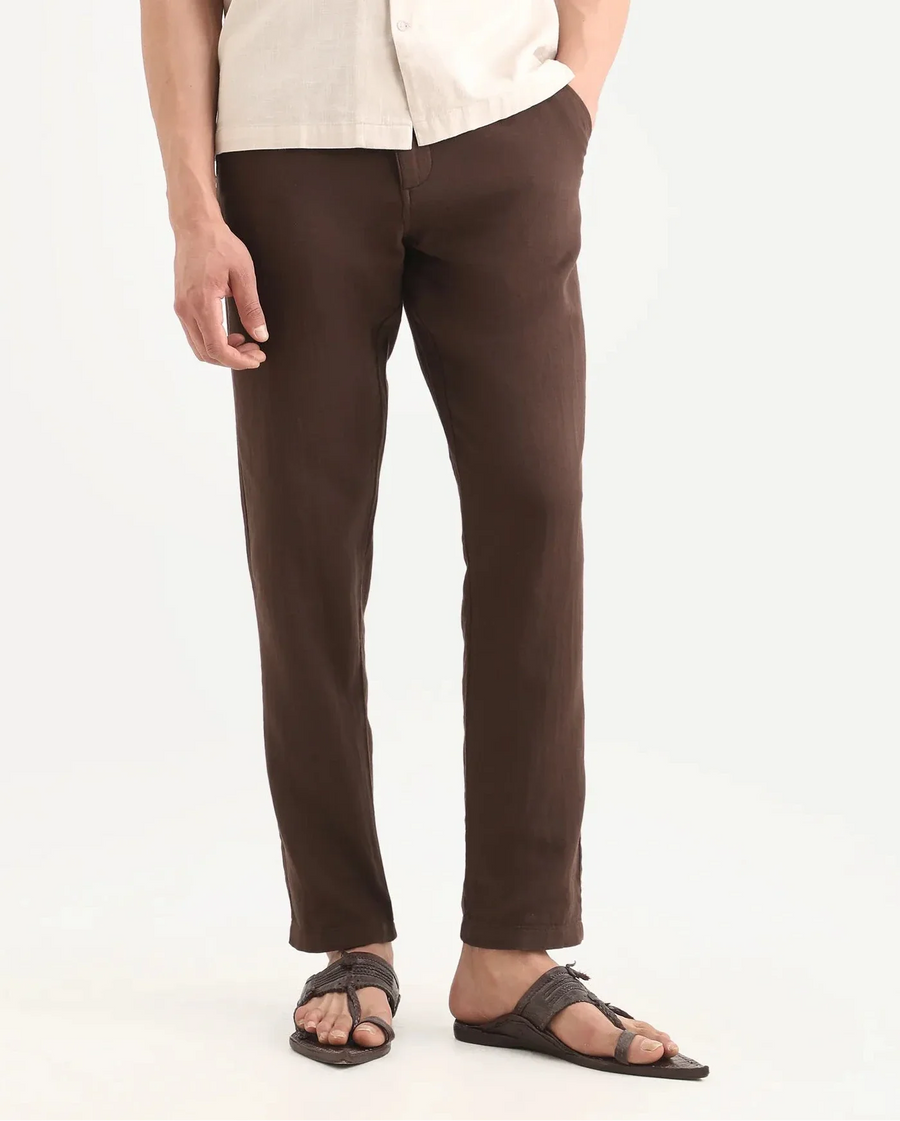Rare Rabbit Men's Pastor-Ss26 Brown Cotton Fabric Regular Fit Drawstring Plain Trouser