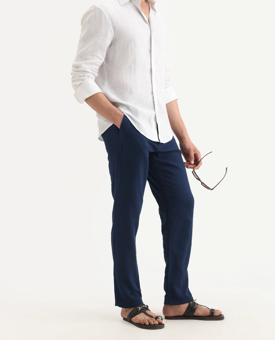 Rare Rabbit Men's Pastor-Ss26 Dark Blue Cotton Fabric Regular Fit Drawstring Plain Trouser