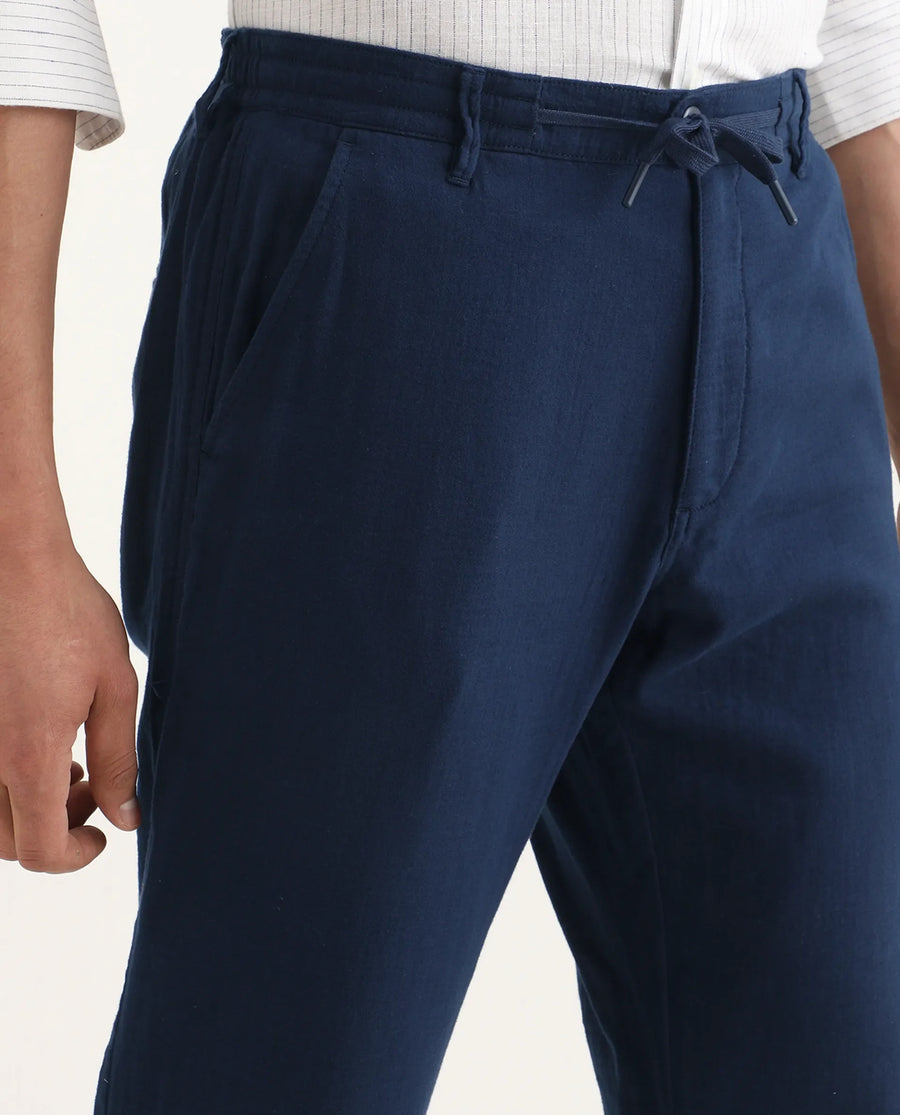 Rare Rabbit Men's Pastor-Ss26 Dark Blue Cotton Fabric Regular Fit Drawstring Plain Trouser