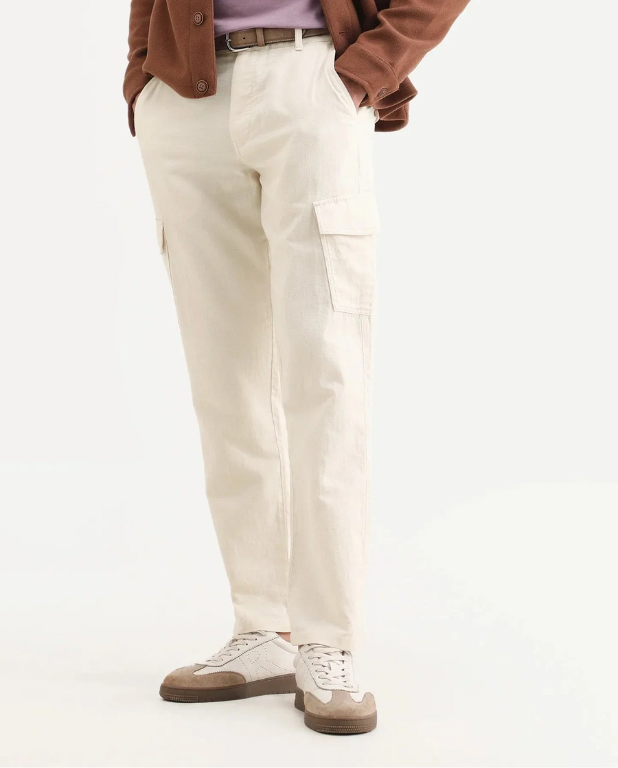 Rare Rabbit Men's Presso-Ss26 Light Beige Cotton Fabric Regular Fit Plain Cargo Trouser