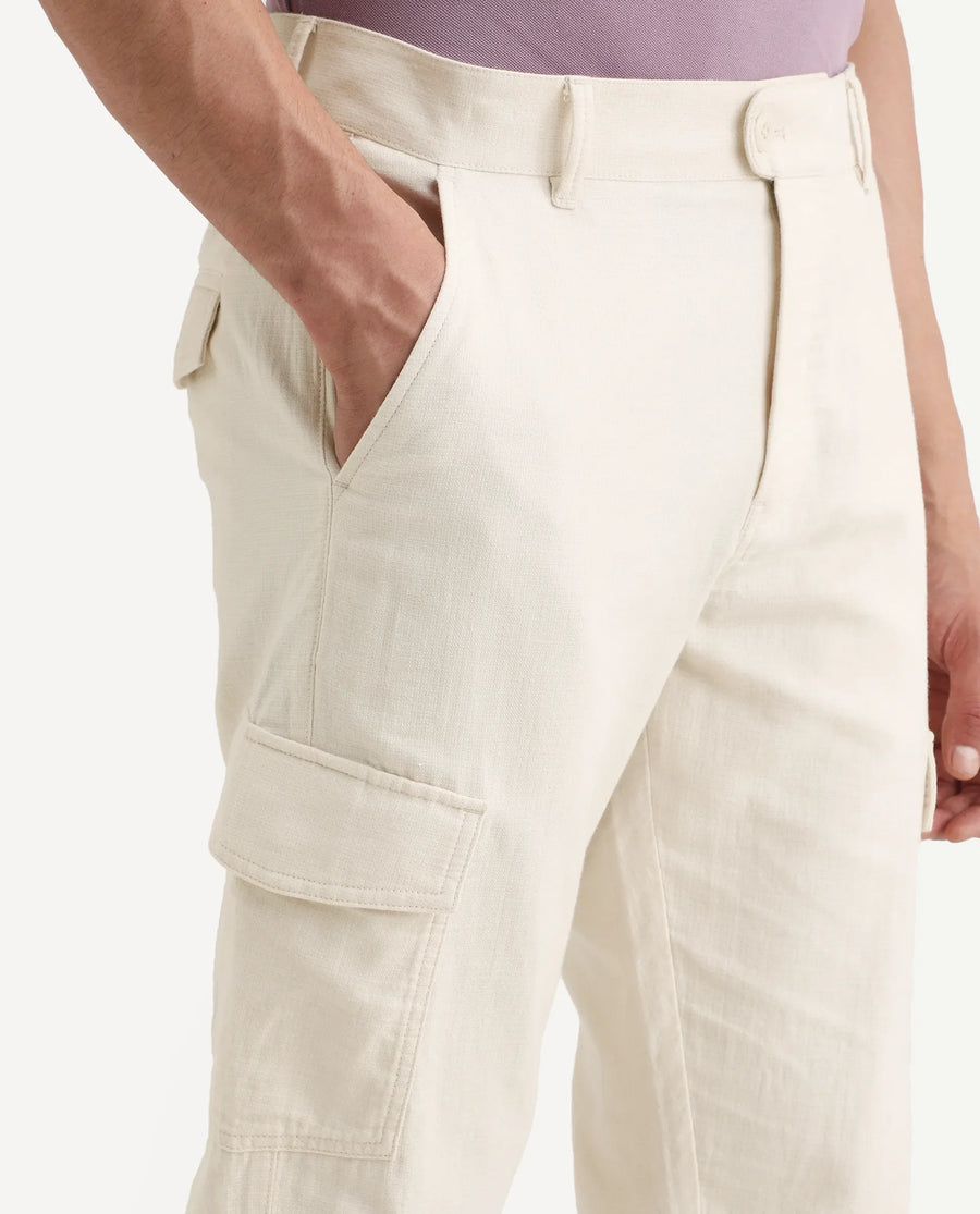 Rare Rabbit Men's Presso-Ss26 Light Beige Cotton Fabric Regular Fit Plain Cargo Trouser