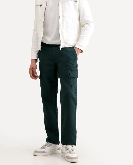 Rare Rabbit Men's Presso-Ss26 Dark Green Cotton Fabric Regular Fit Plain Cargo Trouser