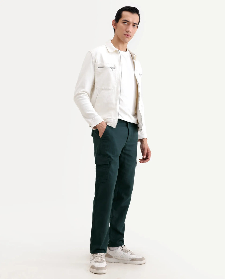 Rare Rabbit Men's Presso-Ss26 Dark Green Cotton Fabric Regular Fit Plain Cargo Trouser