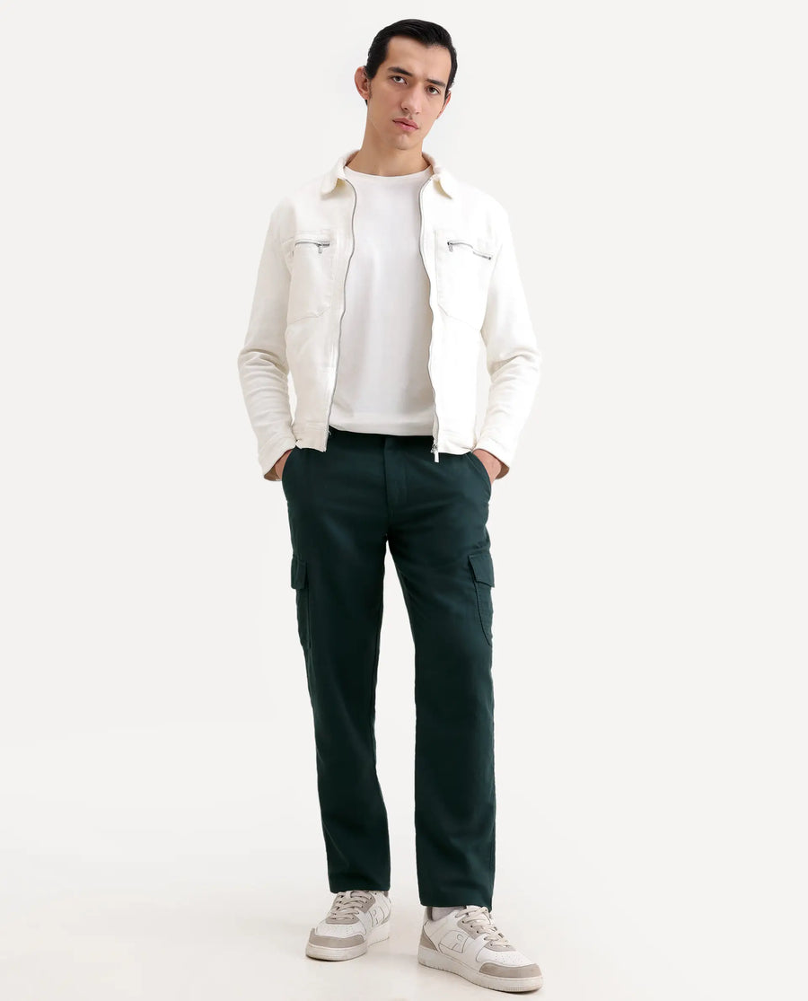 Rare Rabbit Men's Presso-Ss26 Dark Green Cotton Fabric Regular Fit Plain Cargo Trouser