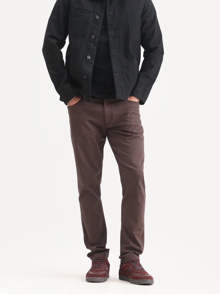 Rare Rabbit Men's Spoke-Ss26 Brown Cotton Blend Fabric Regular Fit Plain Trouser