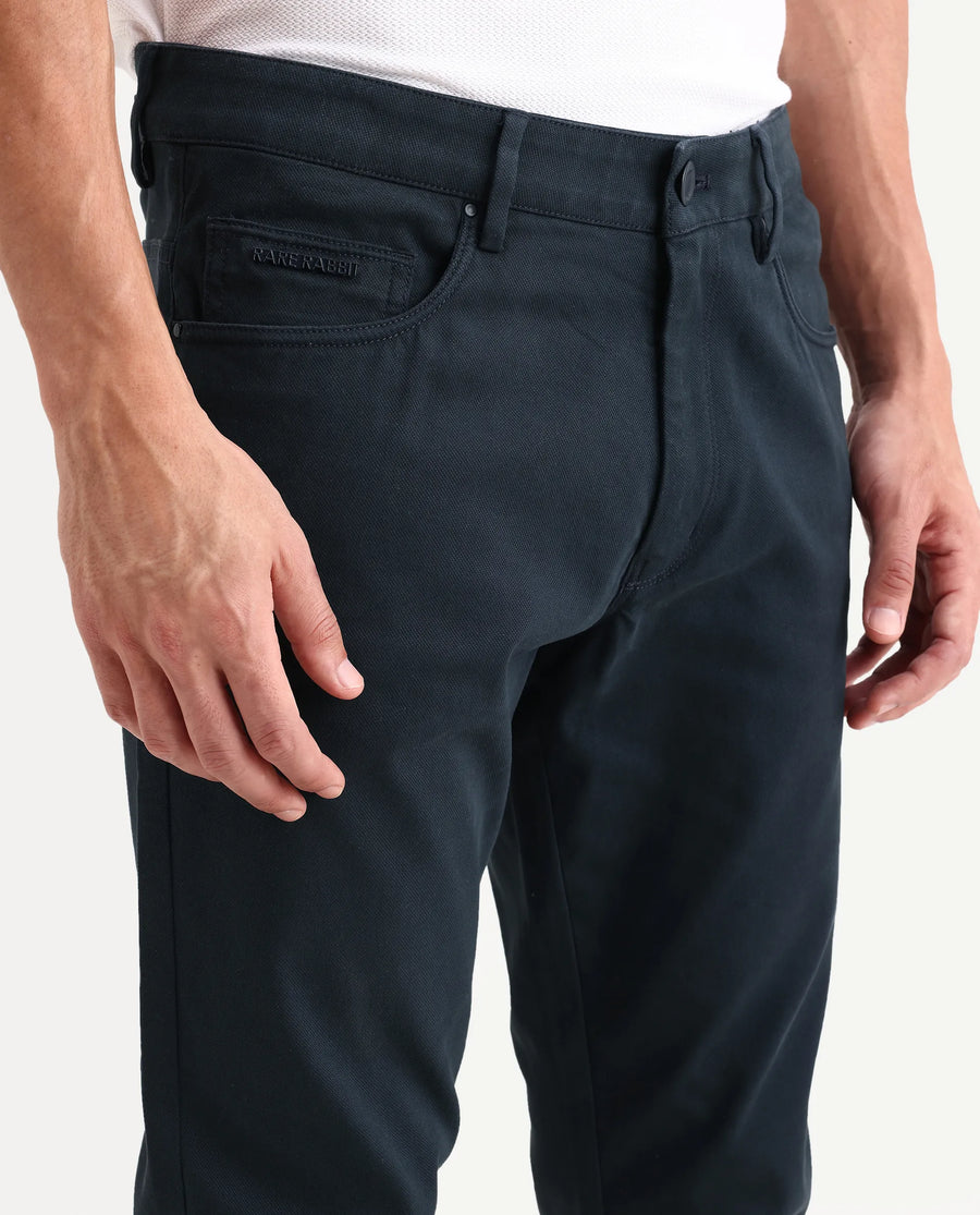 Rare Rabbit Men's Spoke-Ss26 Navy Cotton Blend Fabric Regular Fit Plain Trouser