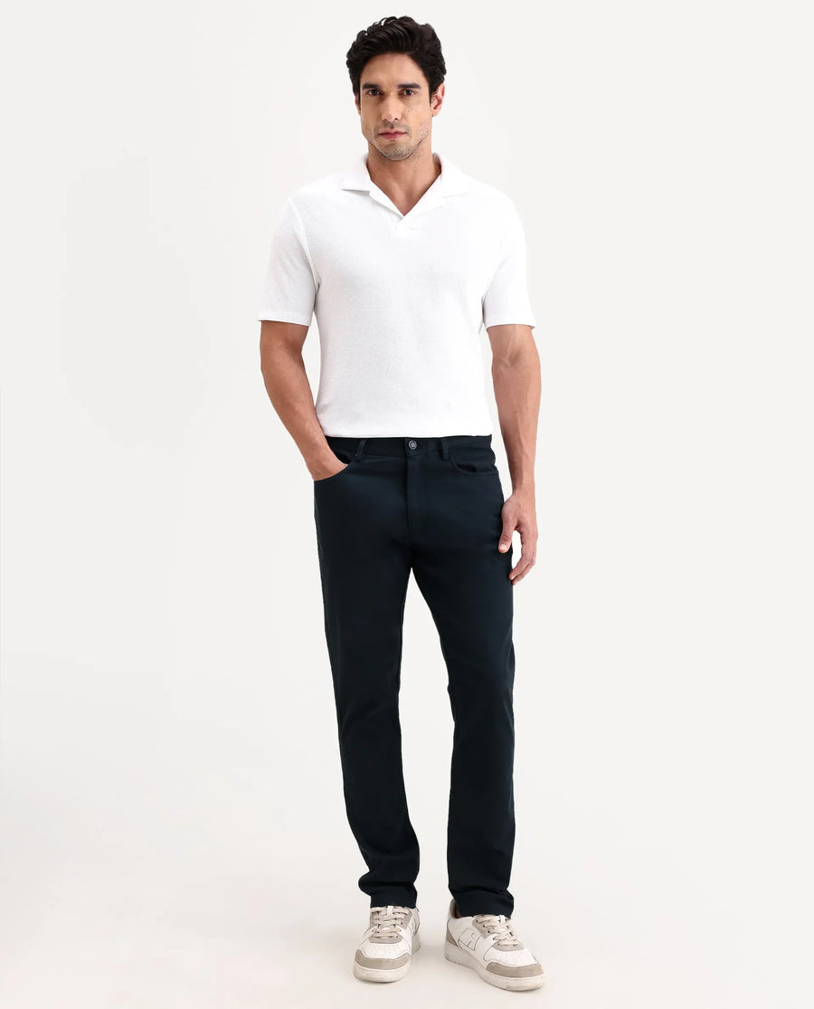 Rare Rabbit Men's Spoke-Ss26 Navy Cotton Blend Fabric Regular Fit Plain Trouser