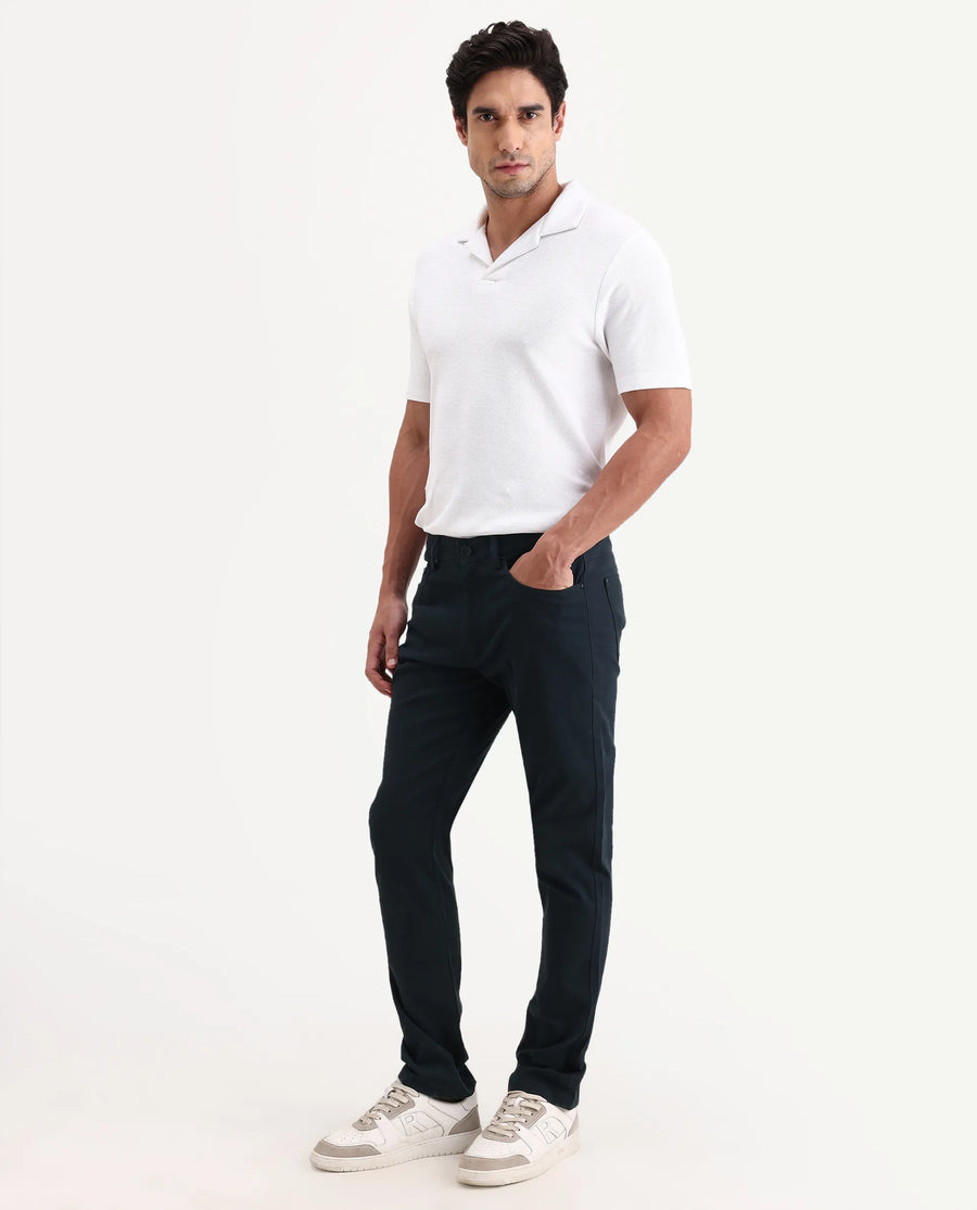 Rare Rabbit Men's Spoke-Ss26 Navy Cotton Blend Fabric Regular Fit Plain Trouser