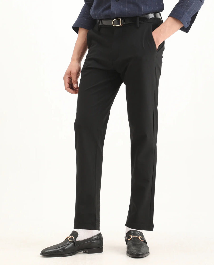 Rare Rabbit Men's Travel-Ss26 Black Polyester Fabric Button And Zip Closure Closure Plain Trouser
