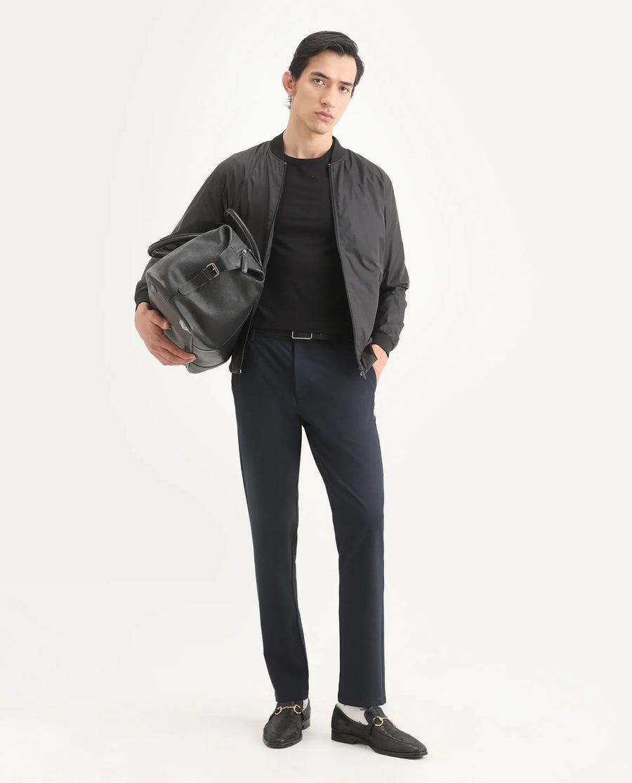 Rare Rabbit Men's Travel-Ss26 Navy Polyester Fabric Button And Zip Closure Closure Plain Trouser