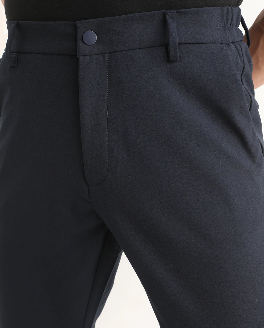 Rare Rabbit Men's Travel-Ss26 Navy Polyester Fabric Button And Zip Closure Closure Plain Trouser