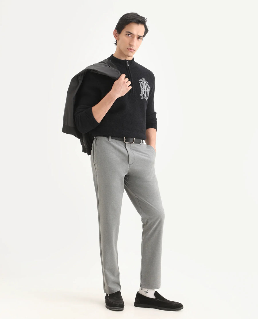 Rare Rabbit Men's Travel-Ss26 Grey Polyester Fabric Button And Zip Closure Closure Plain Trouser