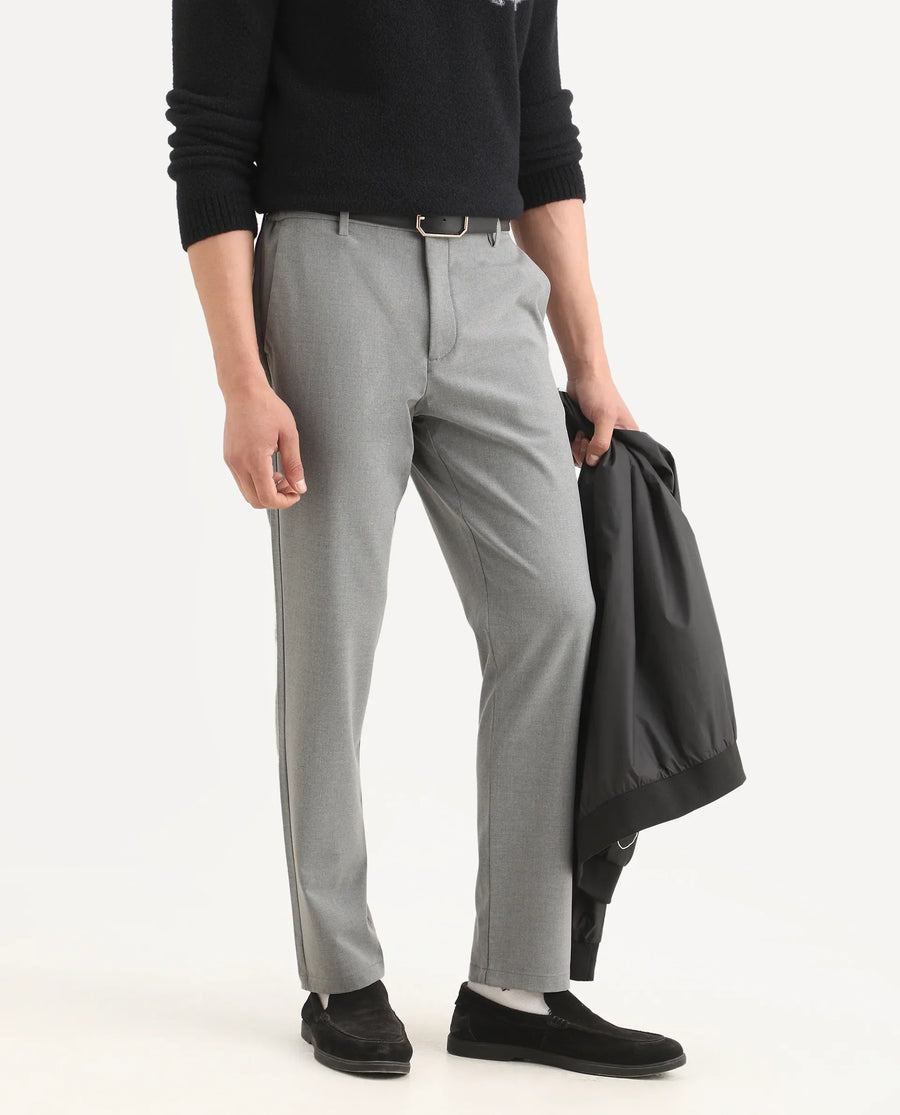 Rare Rabbit Men's Travel-Ss26 Grey Polyester Fabric Button And Zip Closure Closure Plain Trouser