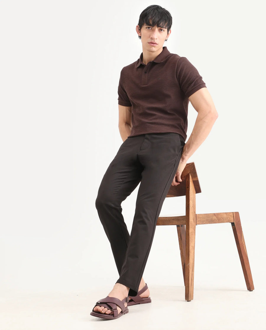 Rare Rabbit Men's Travel-Ss26 Dark Brown Polyester Fabric Button And Zip Closure Closure Plain Trouser