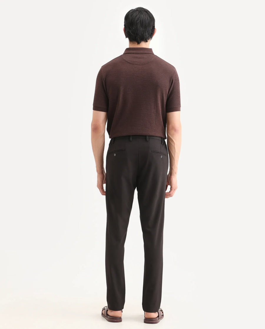Rare Rabbit Men's Travel-Ss26 Dark Brown Polyester Fabric Button And Zip Closure Closure Plain Trouser