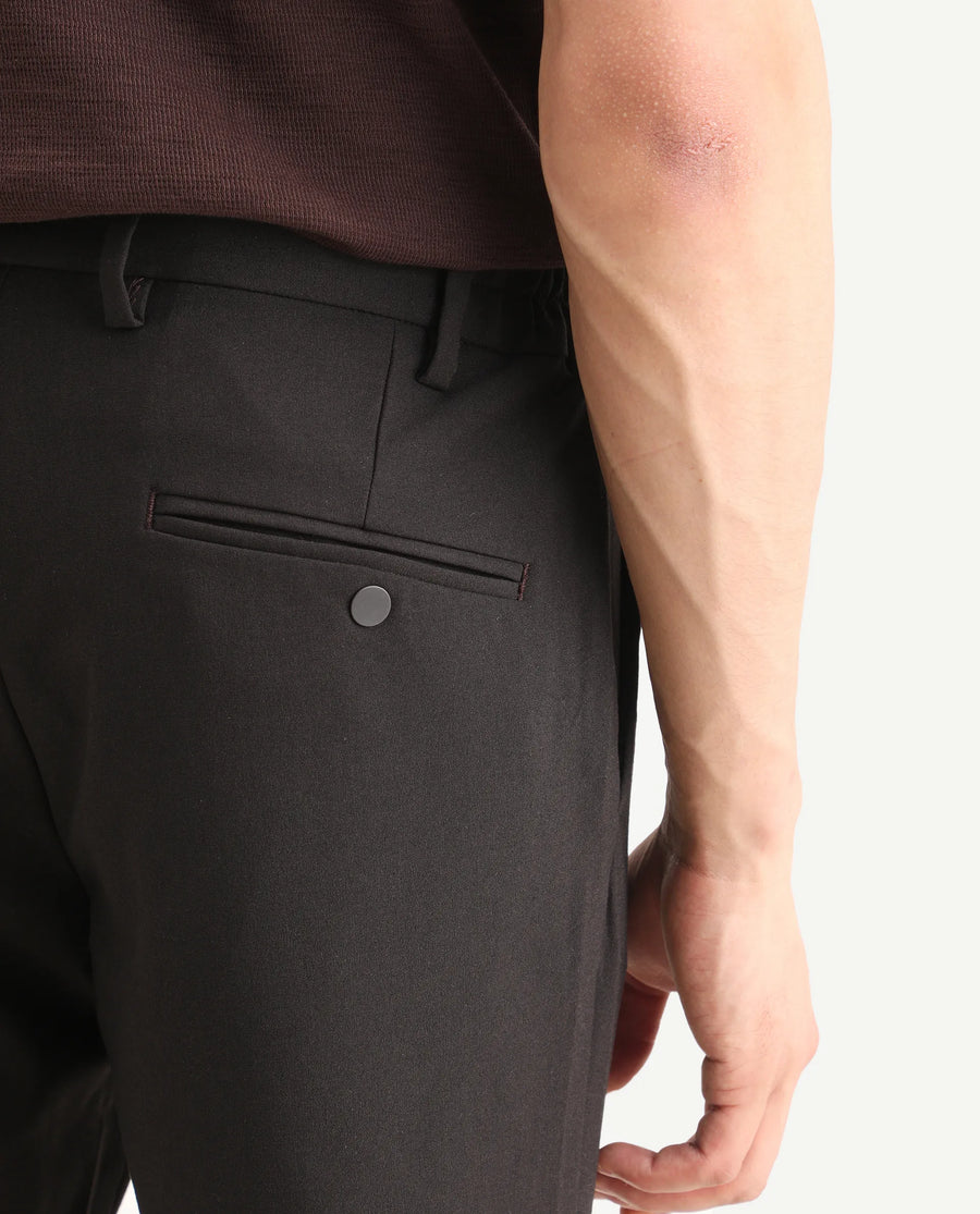 Rare Rabbit Men's Travel-Ss26 Dark Brown Polyester Fabric Button And Zip Closure Closure Plain Trouser