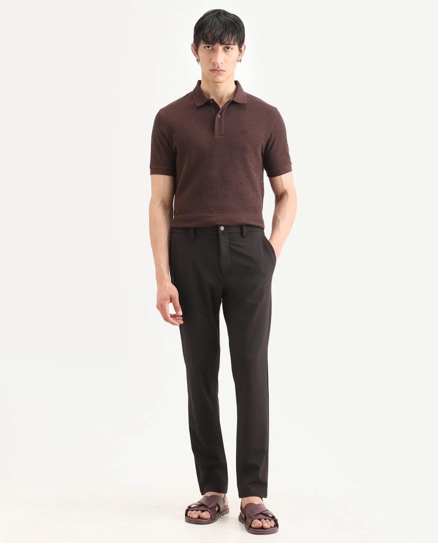 Rare Rabbit Men's Travel-Ss26 Dark Brown Polyester Fabric Button And Zip Closure Closure Plain Trouser