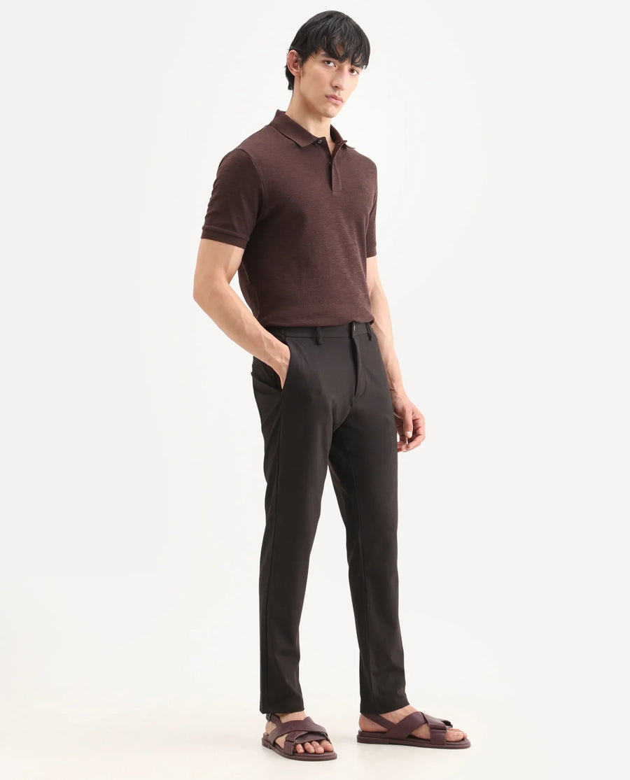 Rare Rabbit Men's Travel-Ss26 Dark Brown Polyester Fabric Button And Zip Closure Closure Plain Trouser