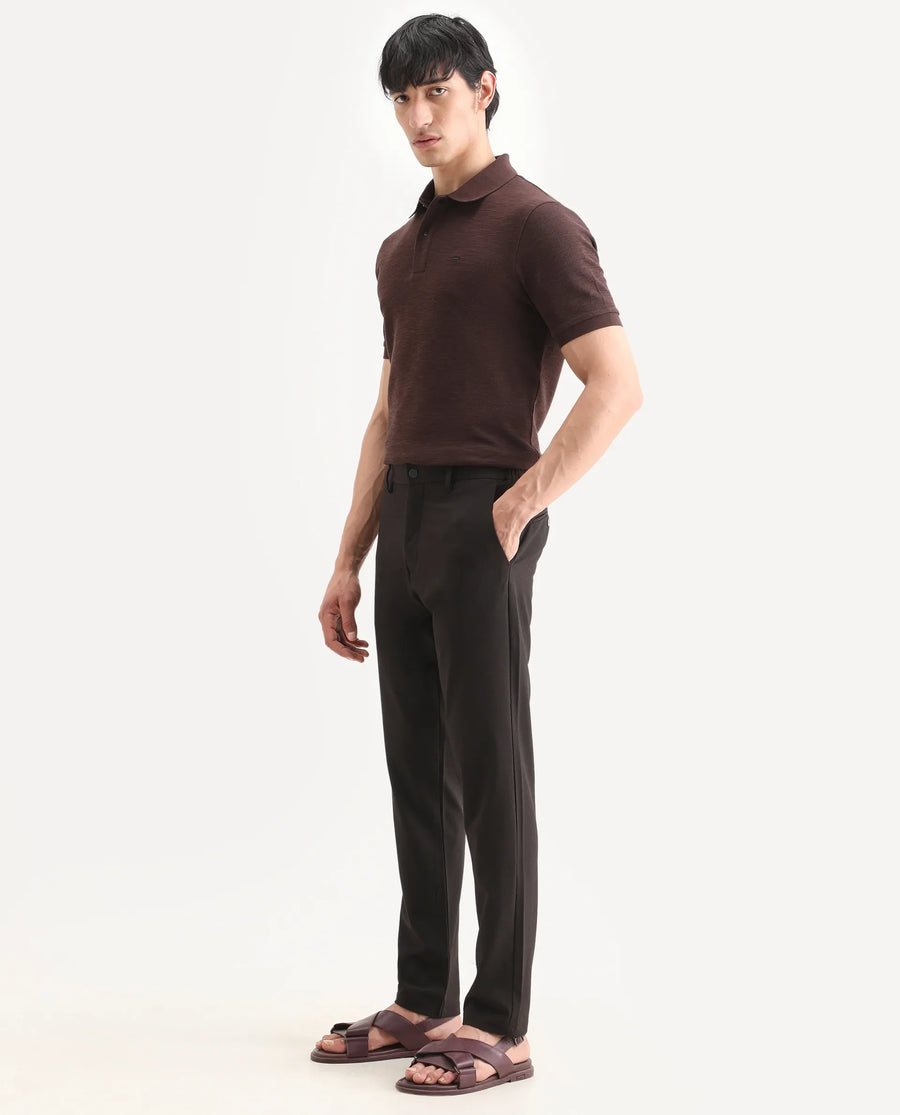 Rare Rabbit Men's Travel-Ss26 Dark Brown Polyester Fabric Button And Zip Closure Closure Plain Trouser