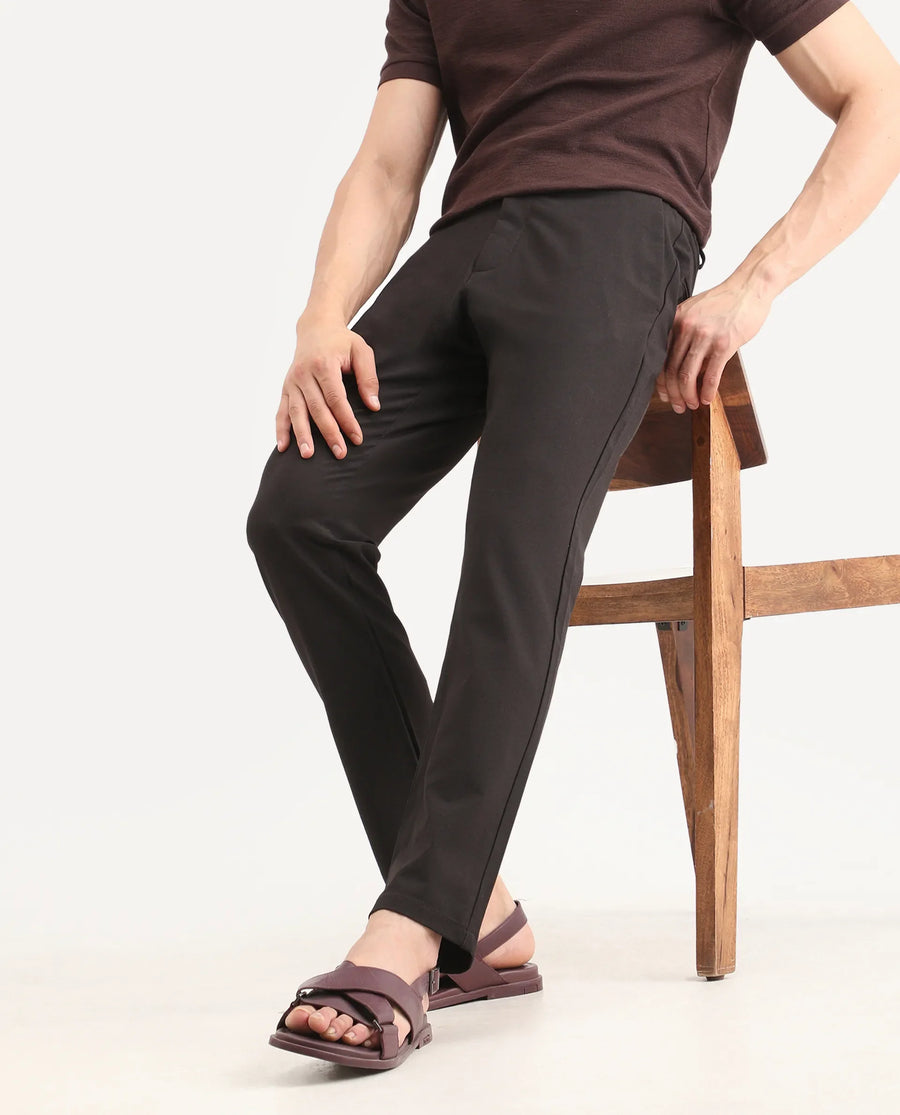 Rare Rabbit Men's Travel-Ss26 Dark Brown Polyester Fabric Button And Zip Closure Closure Plain Trouser
