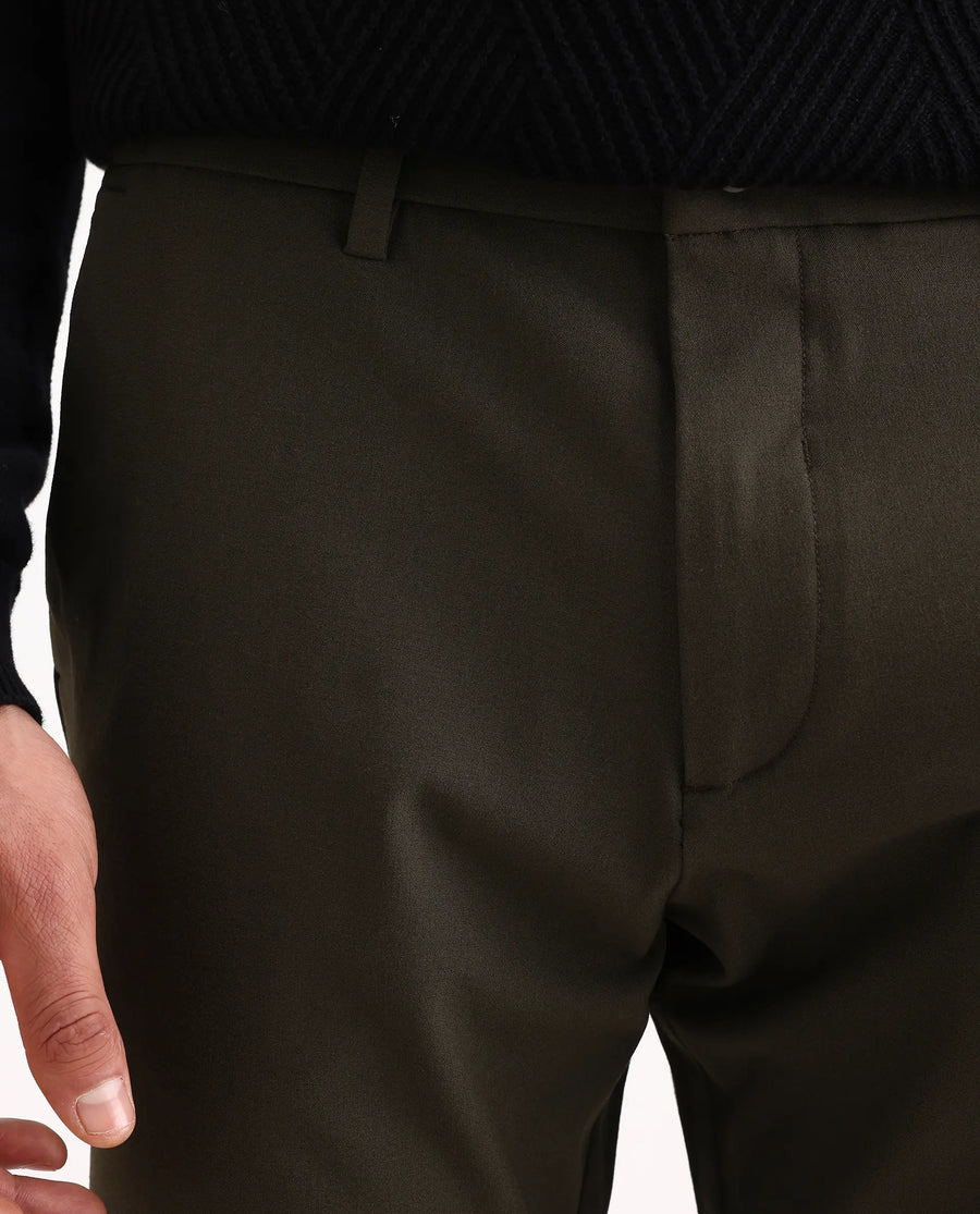 Rare Rabbit Men's Travel-Ss26 Dark Olive Polyester Fabric Button And Zip Closure Closure Plain Trouser