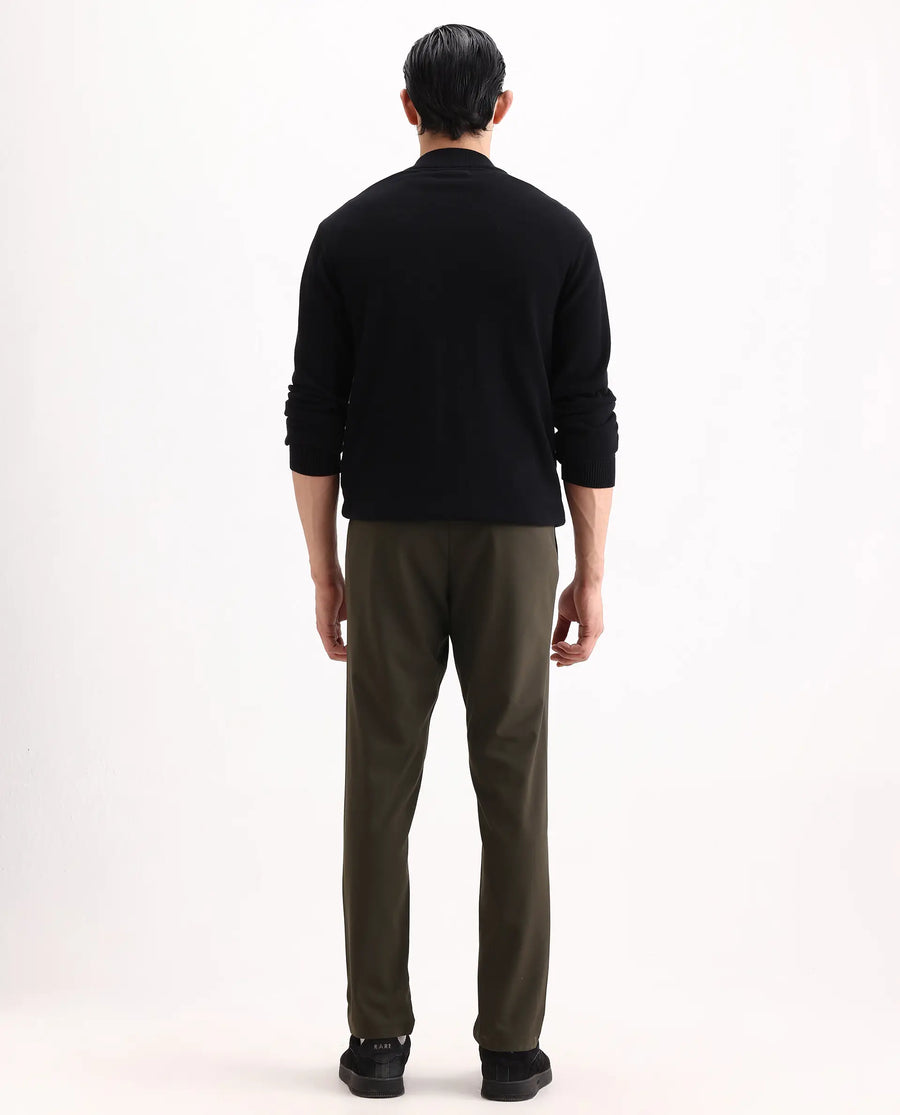 Rare Rabbit Men's Travel-Ss26 Dark Olive Polyester Fabric Button And Zip Closure Closure Plain Trouser