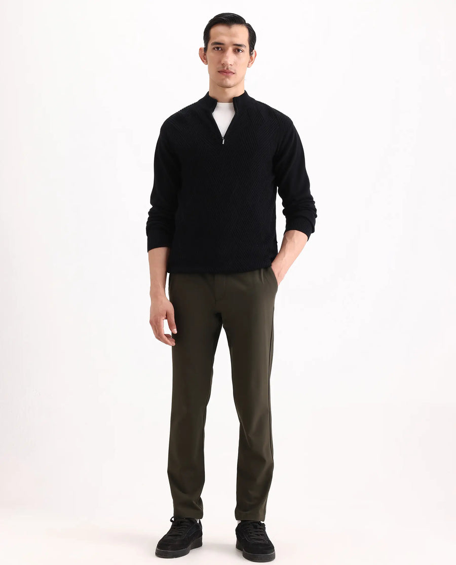 Rare Rabbit Men's Travel-Ss26 Dark Olive Polyester Fabric Button And Zip Closure Closure Plain Trouser