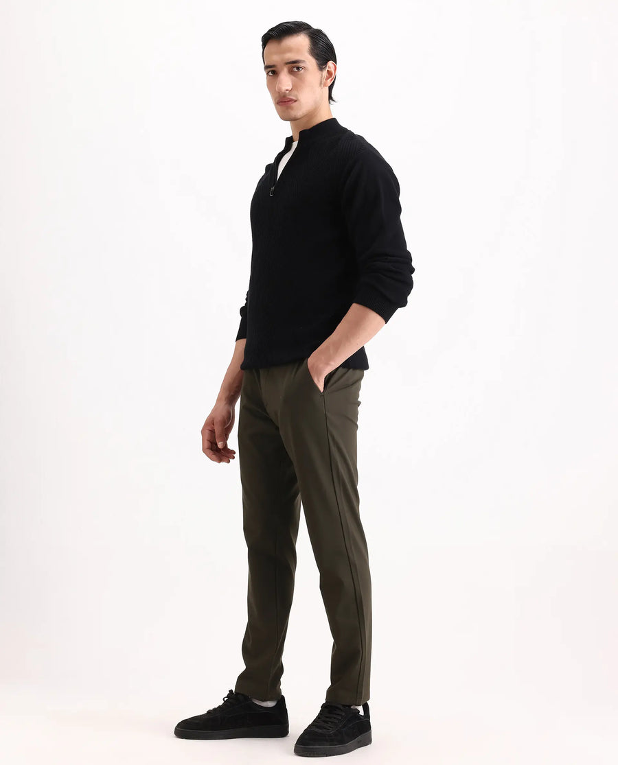Rare Rabbit Men's Travel-Ss26 Dark Olive Polyester Fabric Button And Zip Closure Closure Plain Trouser
