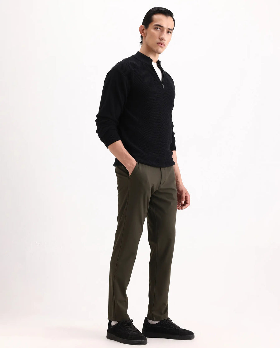 Rare Rabbit Men's Travel-Ss26 Dark Olive Polyester Fabric Button And Zip Closure Closure Plain Trouser