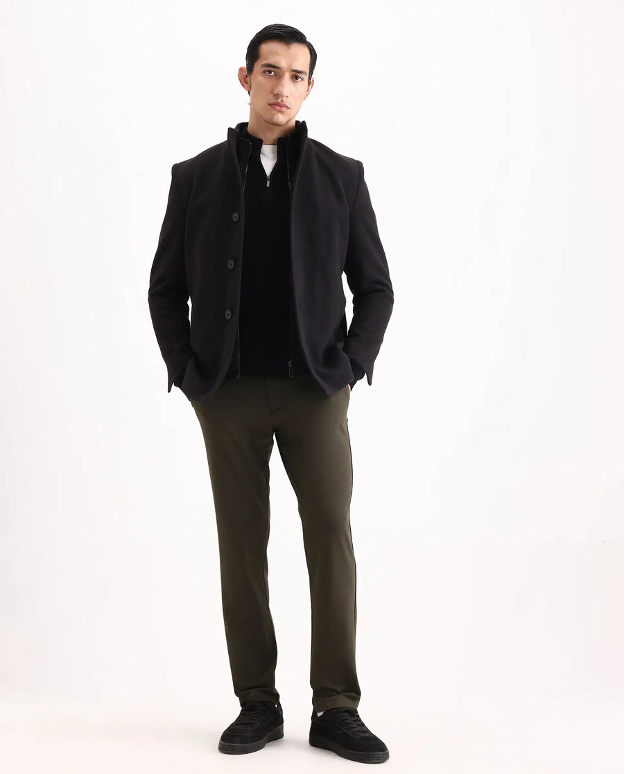 Rare Rabbit Men's Travel-Ss26 Dark Olive Polyester Fabric Button And Zip Closure Closure Plain Trouser