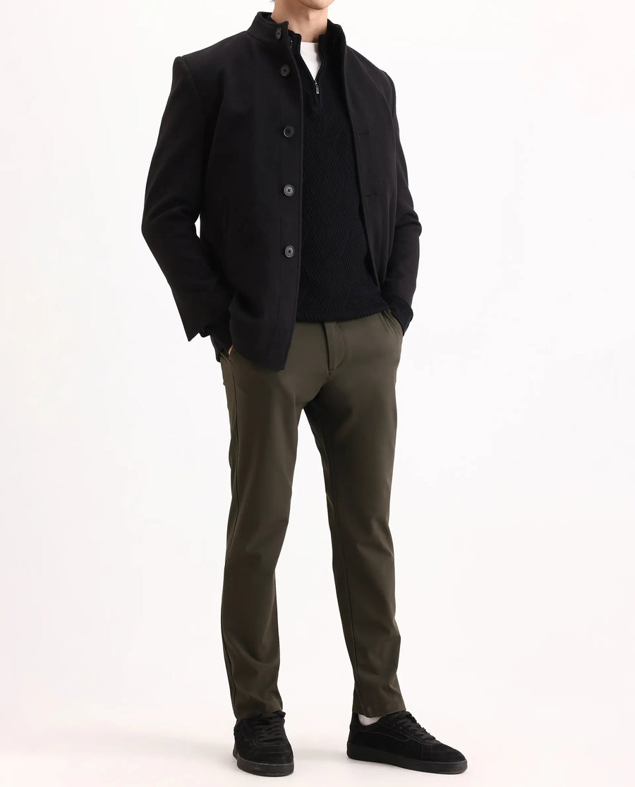 Rare Rabbit Men's Travel-Ss26 Dark Olive Polyester Fabric Button And Zip Closure Closure Plain Trouser