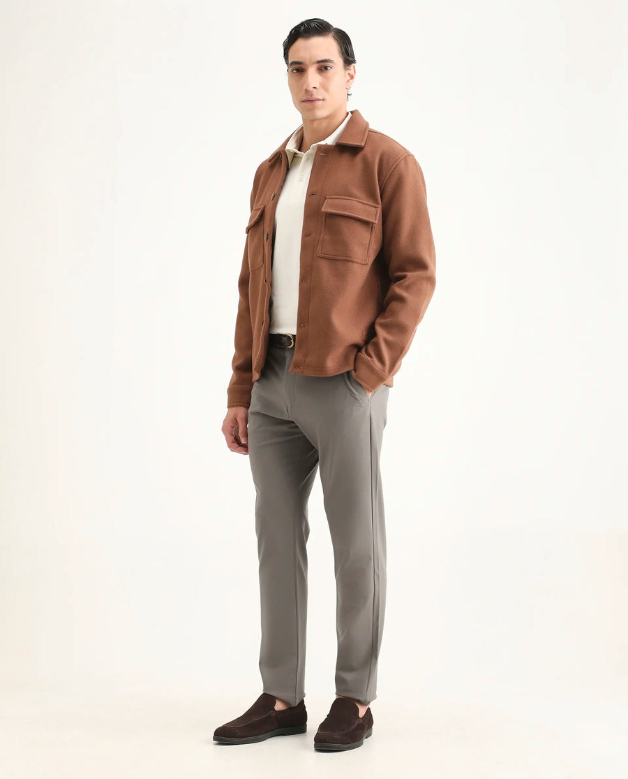 Rare Rabbit Men's Travel-Ss26 Dark Beige Polyester Fabric Button And Zip Closure Closure Plain Trouser