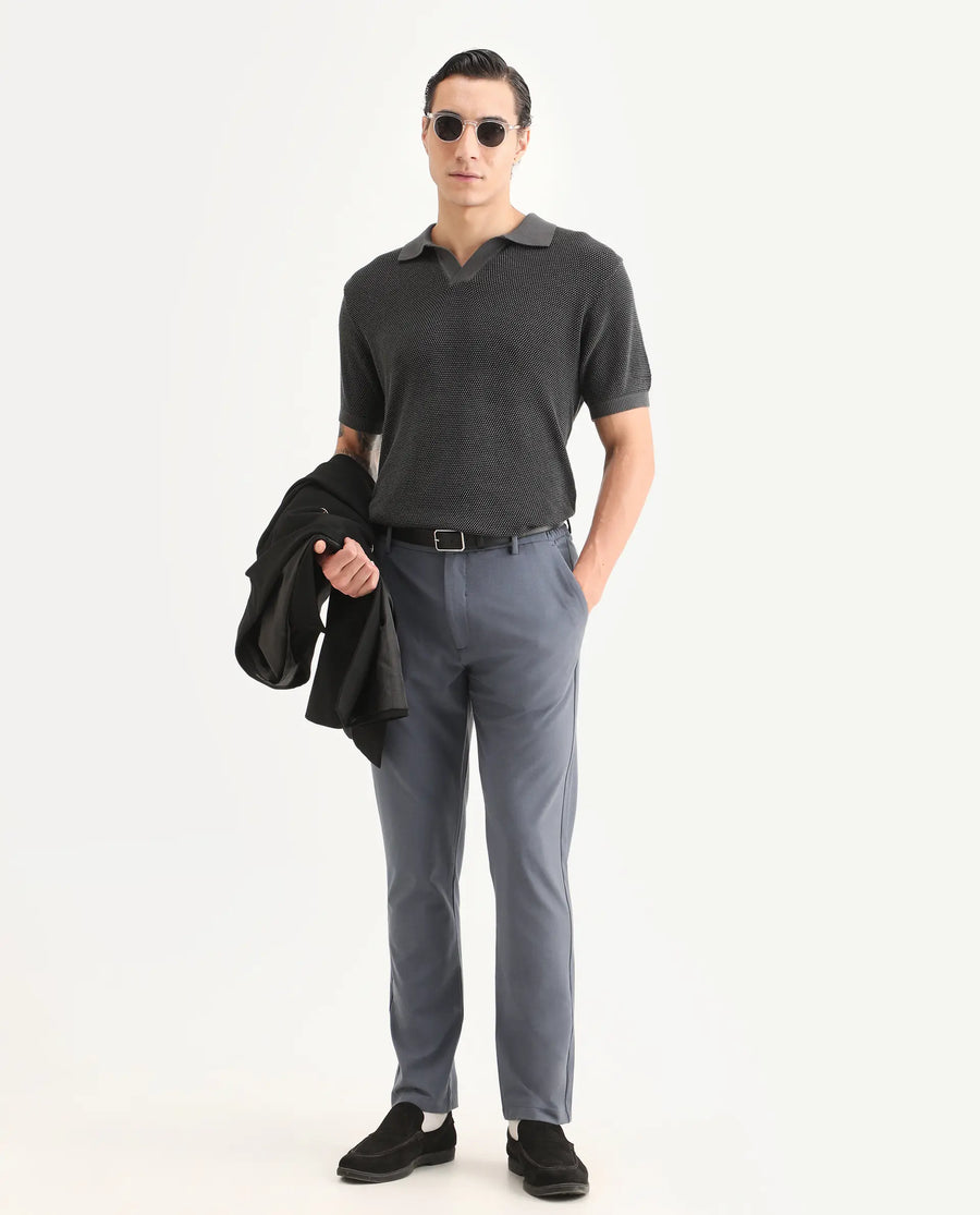 Rare Rabbit Men's Travel-Ss26 Dusky Blue Polyester Fabric Button And Zip Closure Closure Plain Trouser