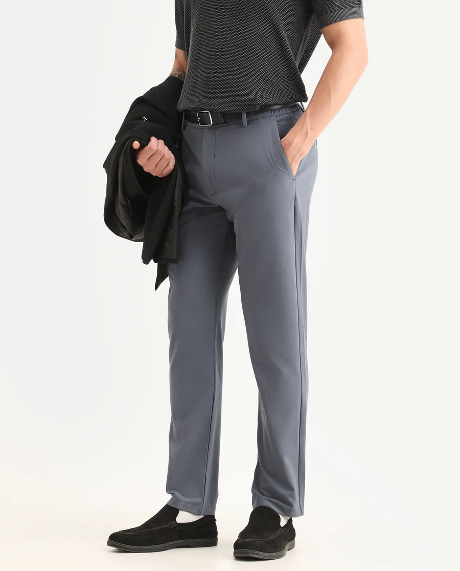 Rare Rabbit Men's Travel-Ss26 Dusky Blue Polyester Fabric Button And Zip Closure Closure Plain Trouser