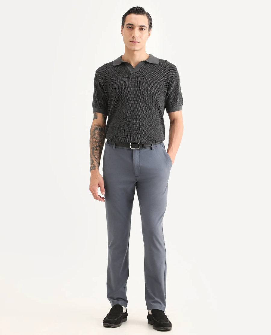Rare Rabbit Men's Travel-Ss26 Dusky Blue Polyester Fabric Button And Zip Closure Closure Plain Trouser