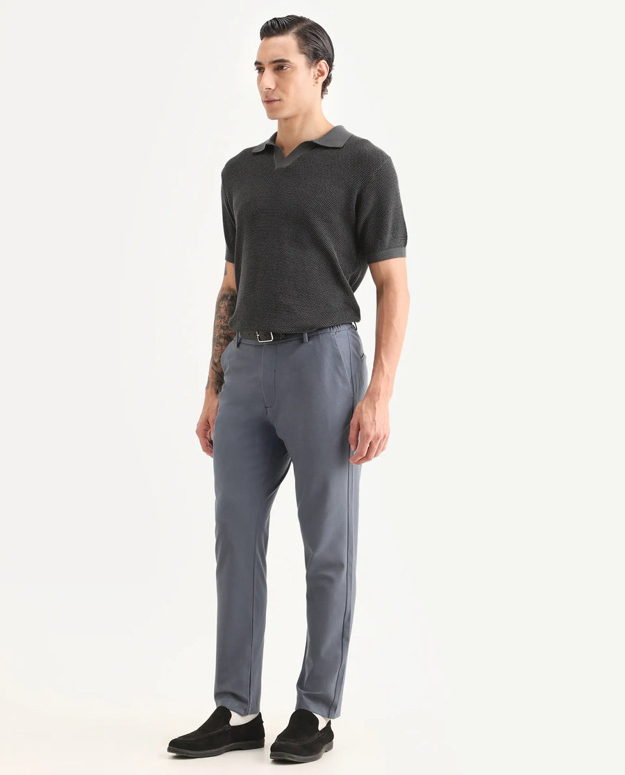 Rare Rabbit Men's Travel-Ss26 Dusky Blue Polyester Fabric Button And Zip Closure Closure Plain Trouser