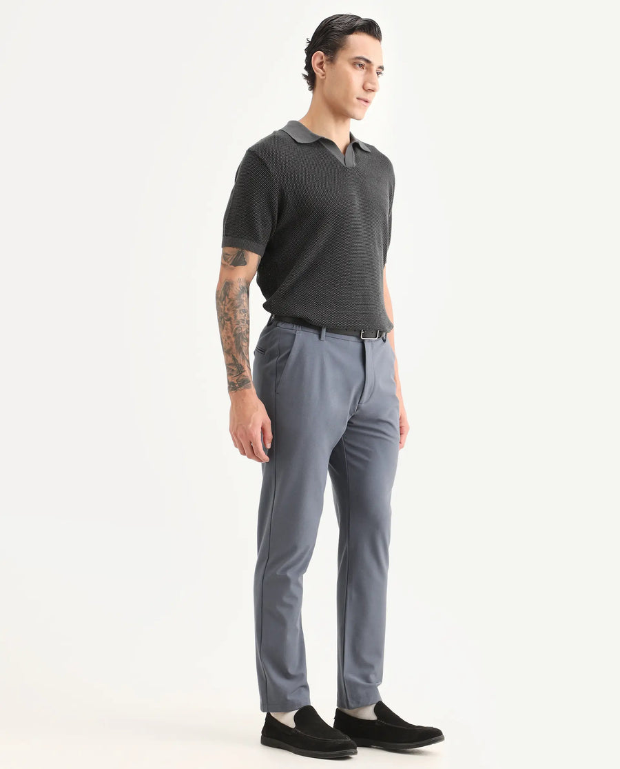 Rare Rabbit Men's Travel-Ss26 Dusky Blue Polyester Fabric Button And Zip Closure Closure Plain Trouser