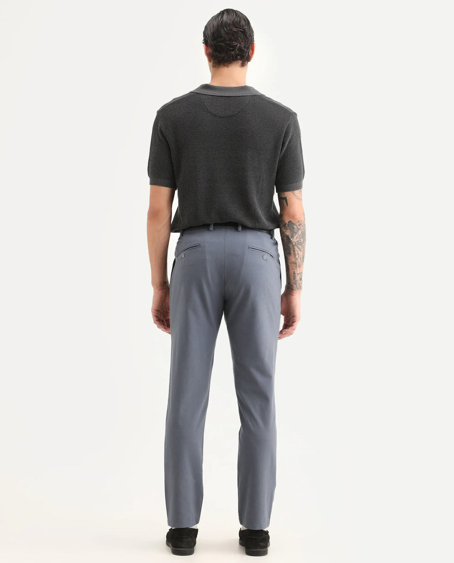 Rare Rabbit Men's Travel-Ss26 Dusky Blue Polyester Fabric Button And Zip Closure Closure Plain Trouser