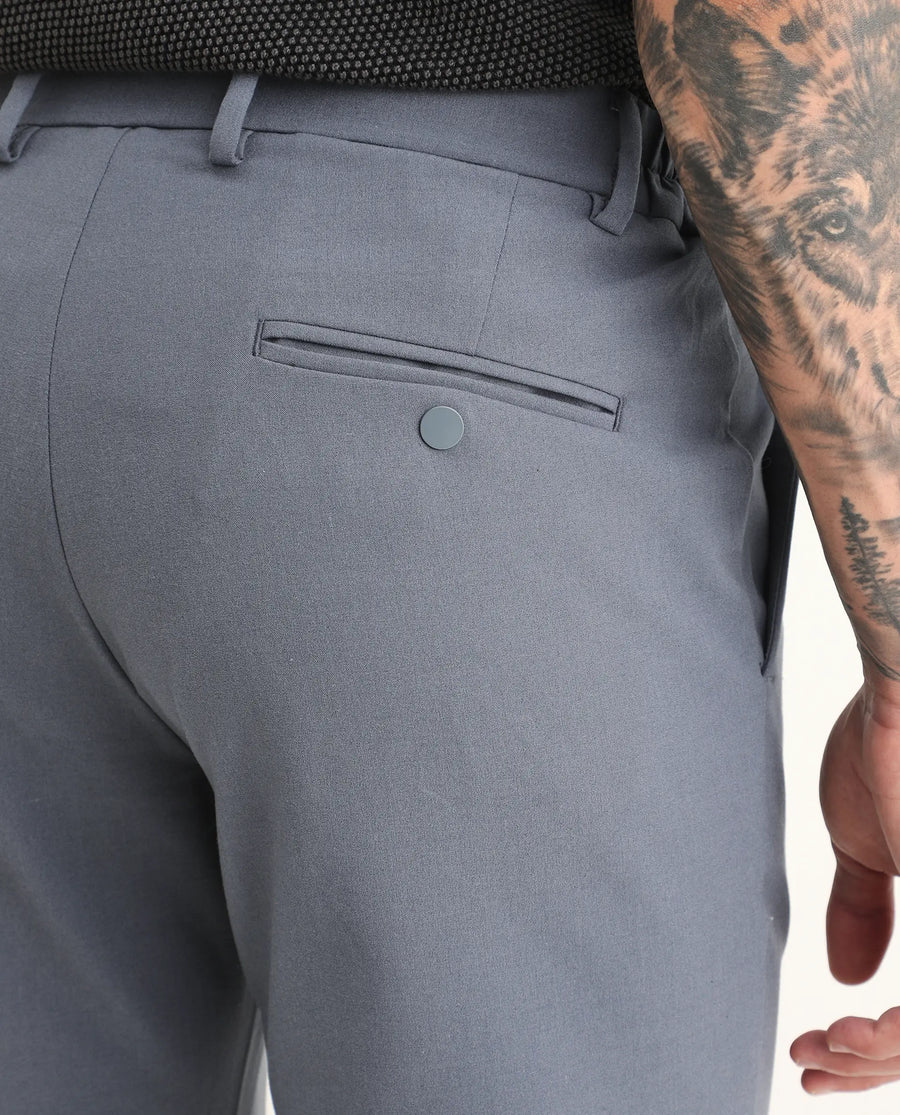 Rare Rabbit Men's Travel-Ss26 Dusky Blue Polyester Fabric Button And Zip Closure Closure Plain Trouser