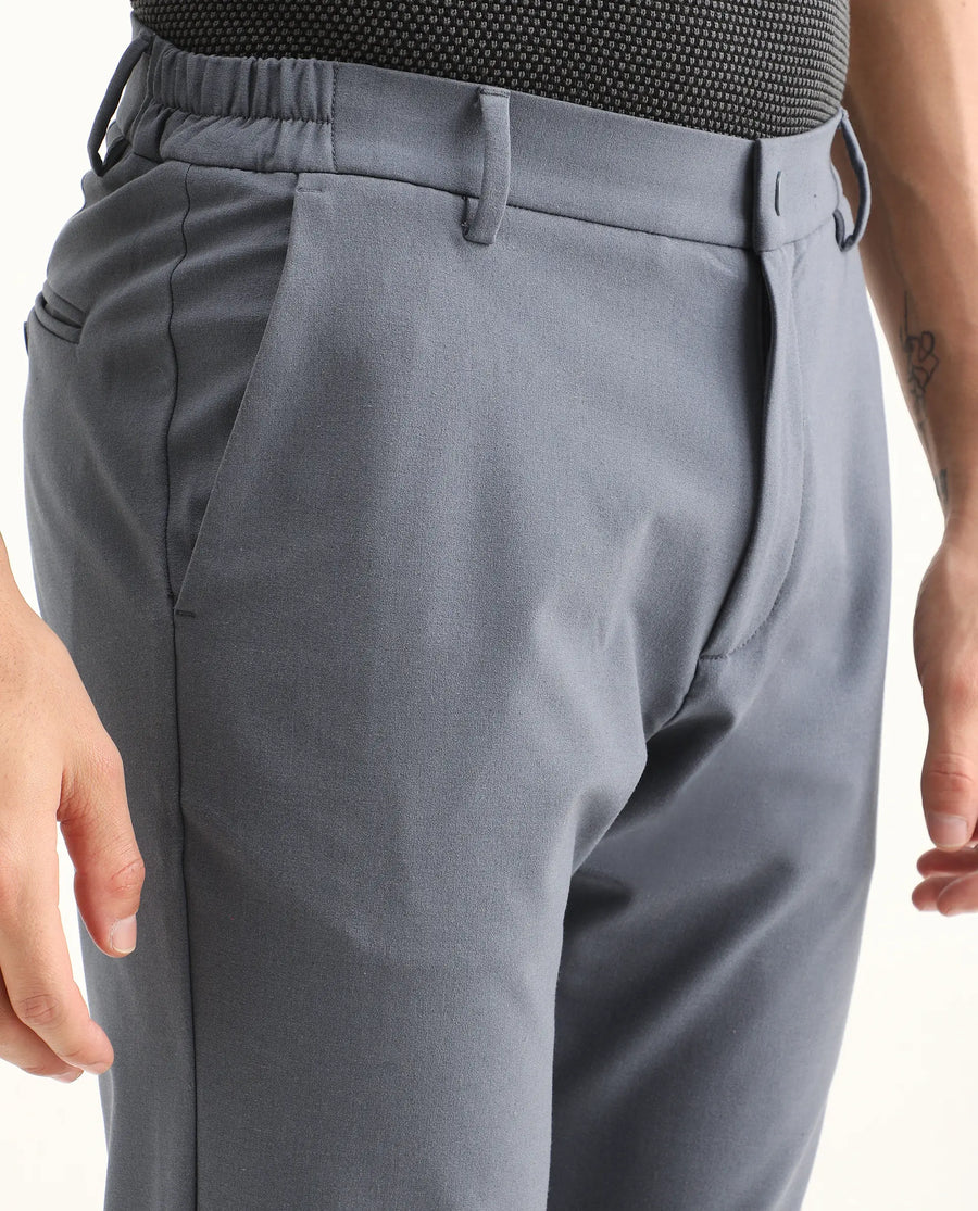 Rare Rabbit Men's Travel-Ss26 Dusky Blue Polyester Fabric Button And Zip Closure Closure Plain Trouser