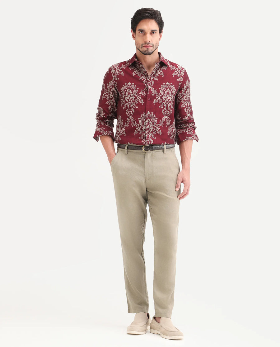 Rare Rabbit Men's Jomo-Ss26 Khaki Linen Blend Fabric Regular Fit Plain Trouser