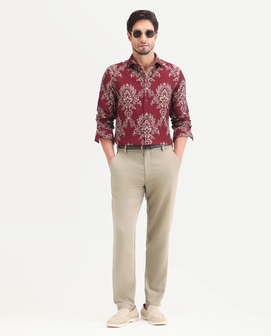 Rare Rabbit Men's Jomo-Ss26 Khaki Linen Blend Fabric Regular Fit Plain Trouser