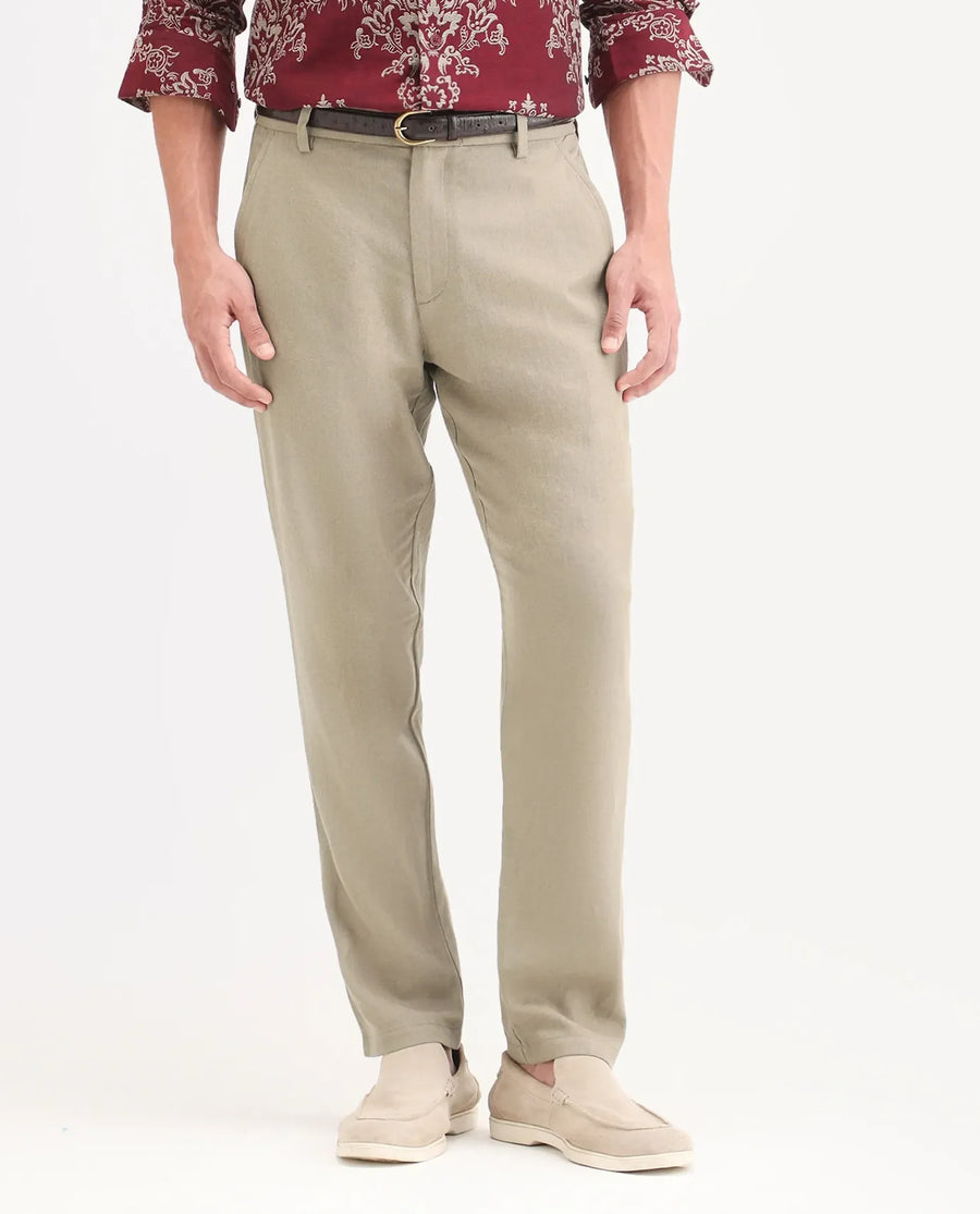 Rare Rabbit Men's Jomo-Ss26 Khaki Linen Blend Fabric Regular Fit Plain Trouser