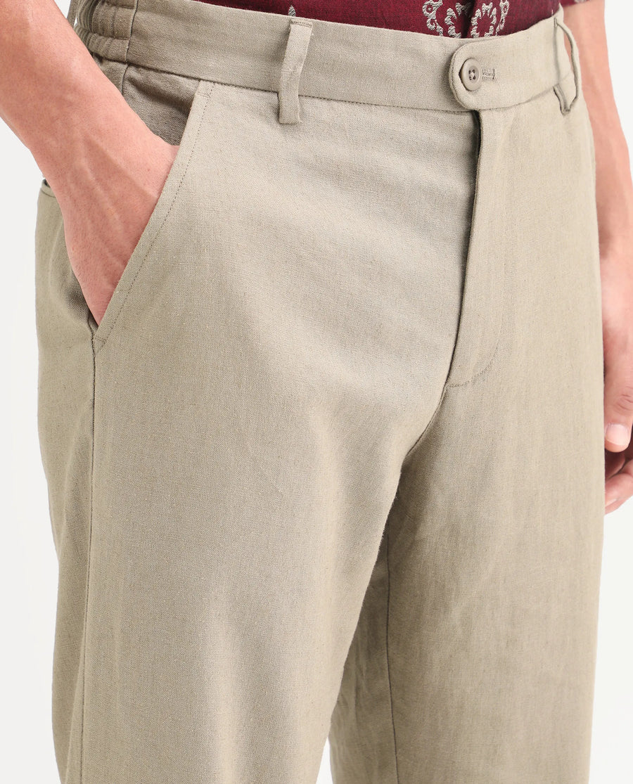 Rare Rabbit Men's Jomo-Ss26 Khaki Linen Blend Fabric Regular Fit Plain Trouser