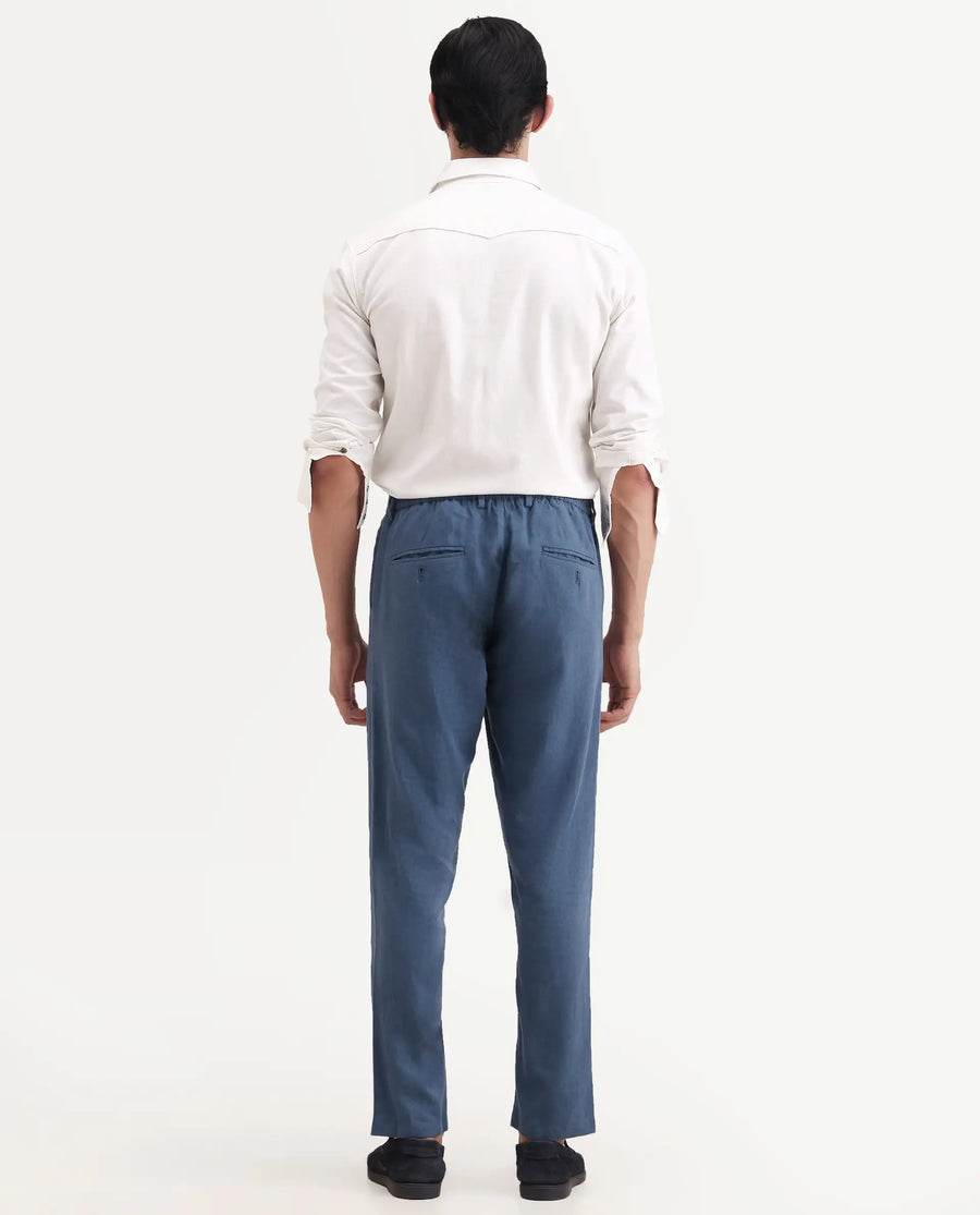 Rare Rabbit Men's Jomo-Ss26 Blue Linen Blend Fabric Regular Fit Plain Trouser