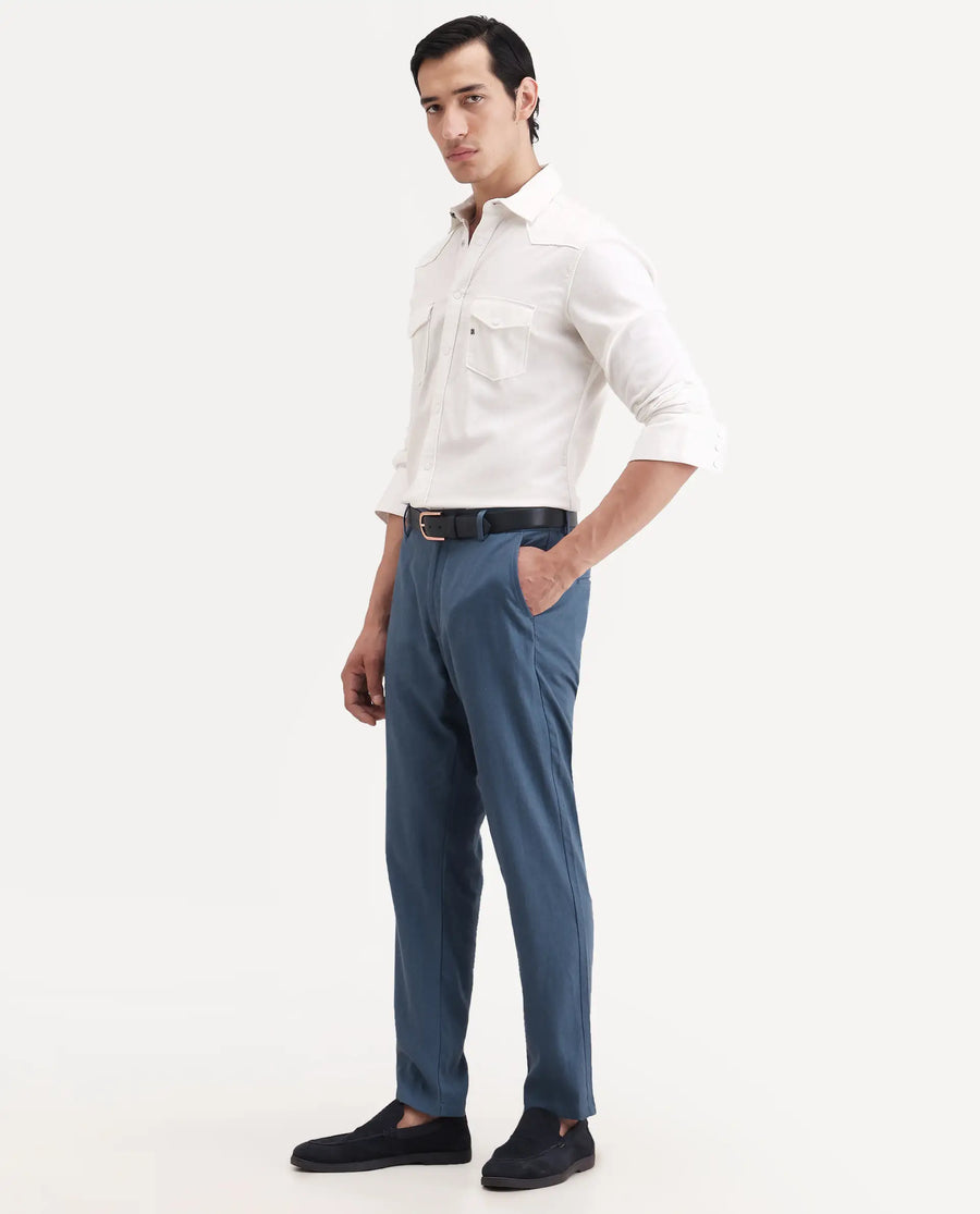 Rare Rabbit Men's Jomo-Ss26 Blue Linen Blend Fabric Regular Fit Plain Trouser