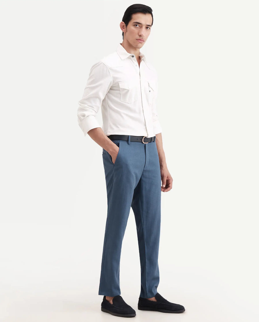 Rare Rabbit Men's Jomo-Ss26 Blue Linen Blend Fabric Regular Fit Plain Trouser