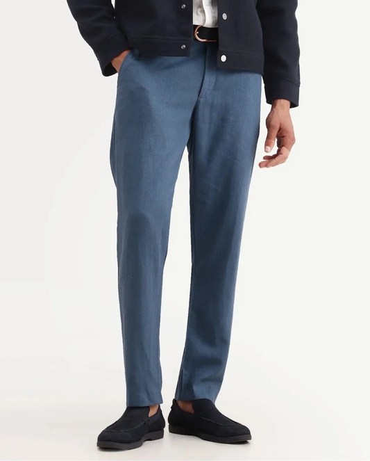 Rare Rabbit Men's Jomo-Ss26 Blue Linen Blend Fabric Regular Fit Plain Trouser