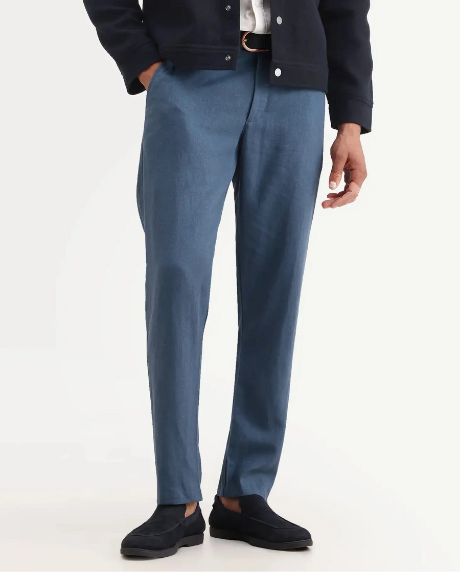 Rare Rabbit Men's Jomo-Ss26 Blue Linen Blend Fabric Regular Fit Plain Trouser