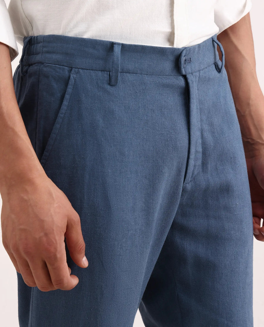 Rare Rabbit Men's Jomo-Ss26 Blue Linen Blend Fabric Regular Fit Plain Trouser